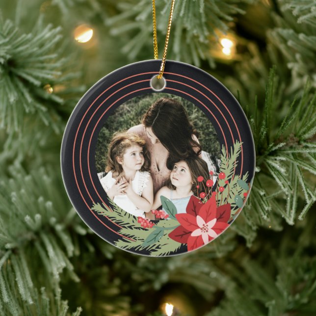 Red Black Circle Christmas Photo Poinsettia Floral Ceramic Tree Decoration (Tree)