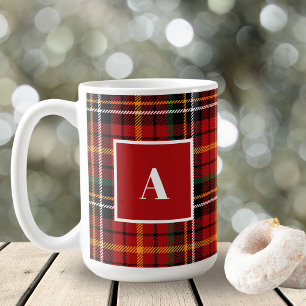 Red Black Classic Christmas Plaid Monogram Initial Coffee Mug