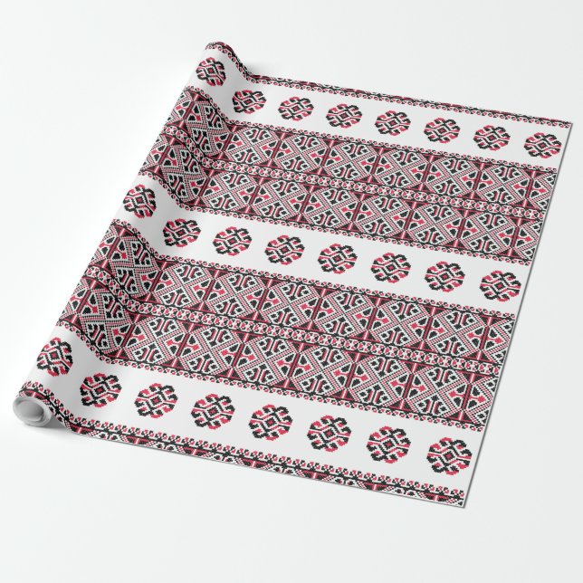 Red&Black cross-stitch Pattern Wrapping Paper (Unrolled)