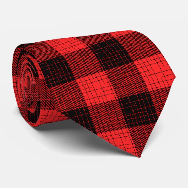  Red Black Crosshatch Buffalo Check Tie (Rolled)
