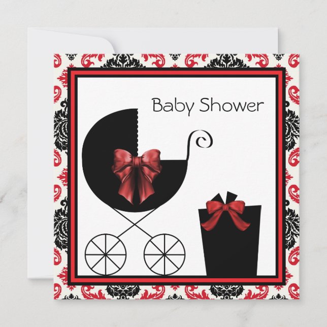 Red Black Damask Baby Shower Invitations (Front)