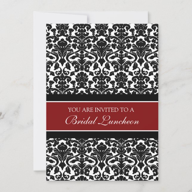 Red Black Damask Bridal Lunch Invitation Cards (Front)