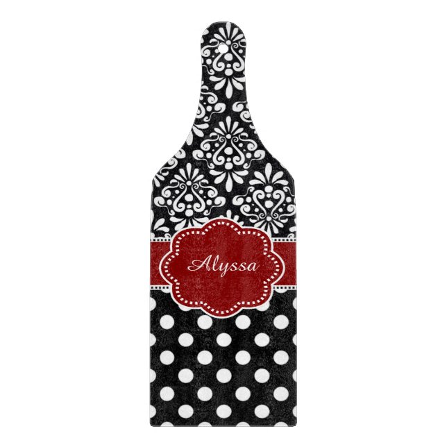 Red Black Damask Dots Personalised Cutting Board (Front)