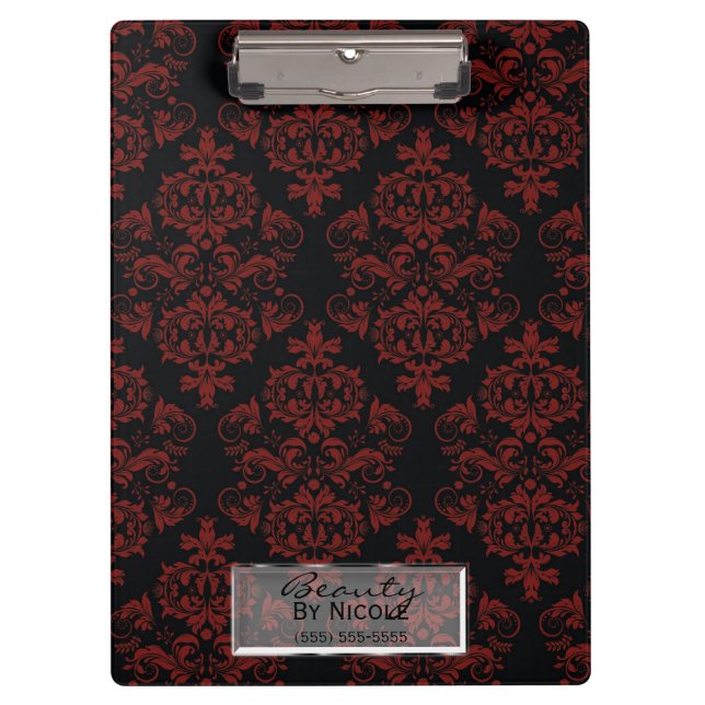 Red Black Damask Elegant Chic Glam Personalised Clipboard (Front)