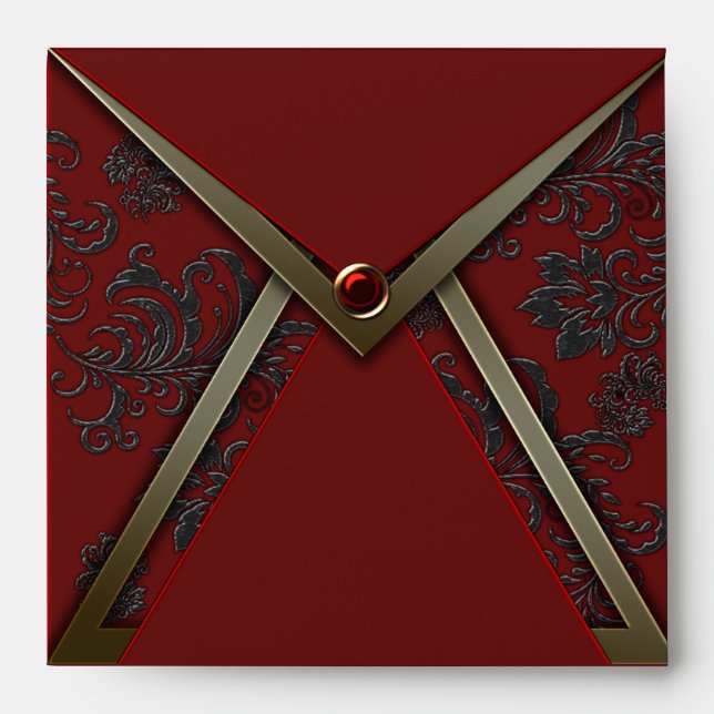 Red Black Damask Gold Trim Invitation Envelope (Front)