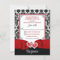 Red, Black Damask Love Hearts RSVP Card