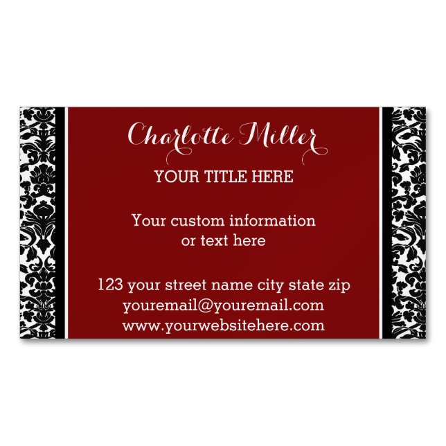 Red Black Damask Magnetic Business Card (Front)