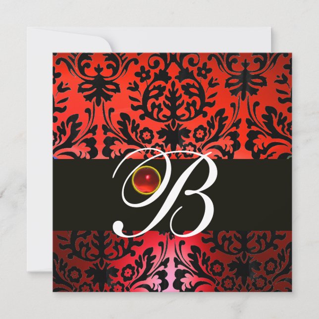RED BLACK DAMASK MONOGRAM White Ruby Invitation (Front)