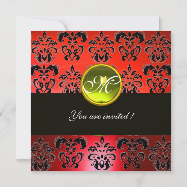 RED BLACK  DAMASK MONOGRAM, yellow topaz Invitation (Front)
