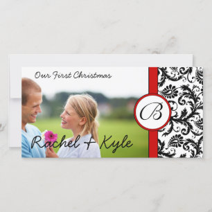 Red & Black Damask Our First Christmas Your Photo Holiday Card