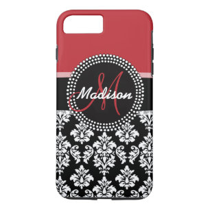 Red Black Damask Pattern, Your Name Monogram Case-Mate iPhone Case