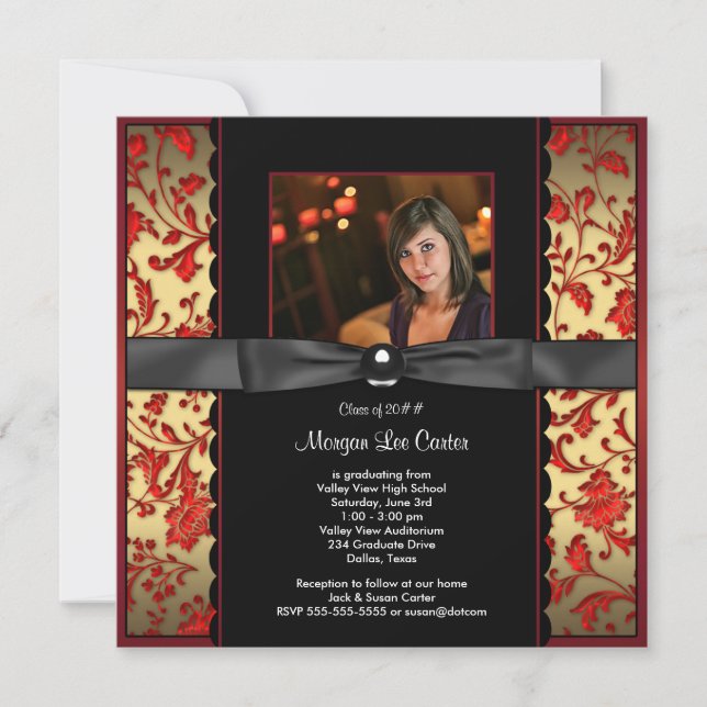 Red Black Damask Photo Graduation Announcement (Front)