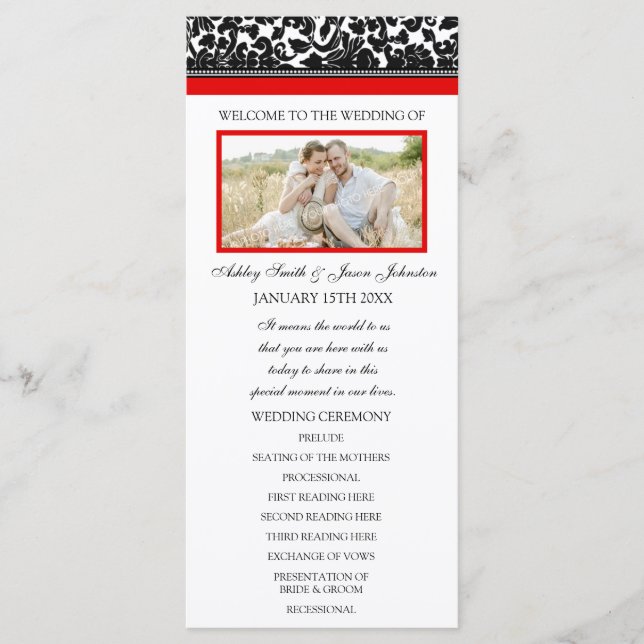 Red Black Damask Photo Wedding Program Programme (Front)
