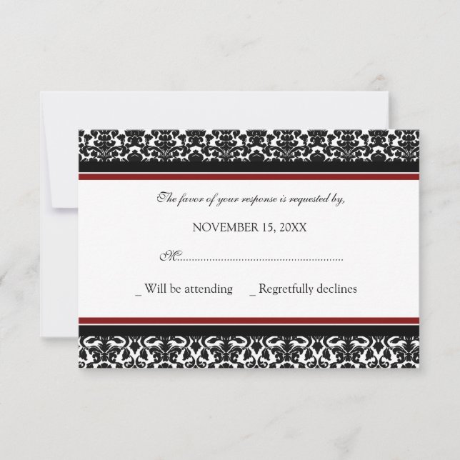 Red Black Damask RSVP Wedding Card (Front)