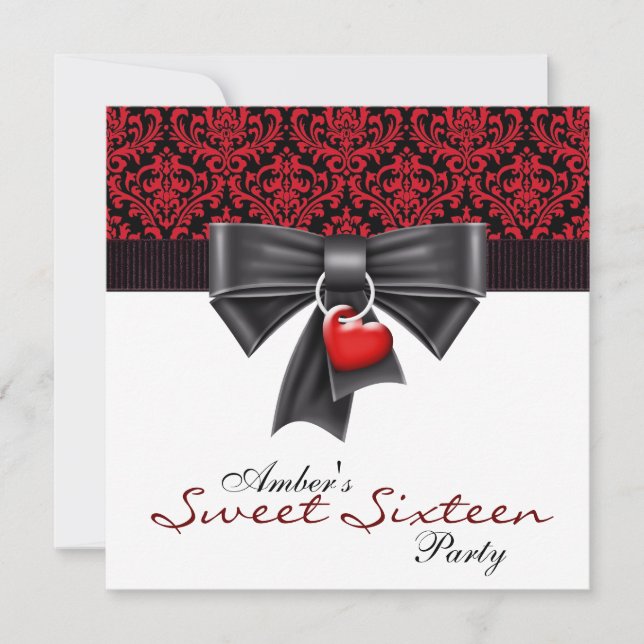 Red Black Damask Sweet 16 Birthday Party Invitation (Front)