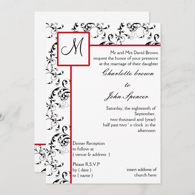 Red Black Damask Wedding Invitations (Front/Back)