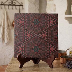 Red Black Detailed Floral Geometric Pattern Tile