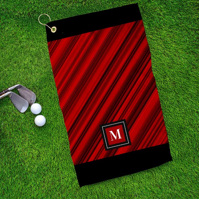 Red Black Diagonal Stripes Custom Monogram Golf Towel (Creator Uploaded)
