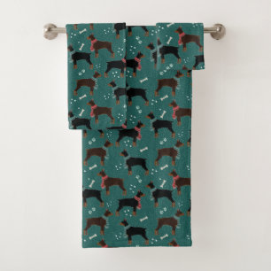 Red & Black Dobermans in Scarves Winter Pattern Bath Towel Set