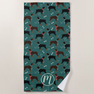 Red & Black Dobermans in Scarves Winter Pattern Beach Towel