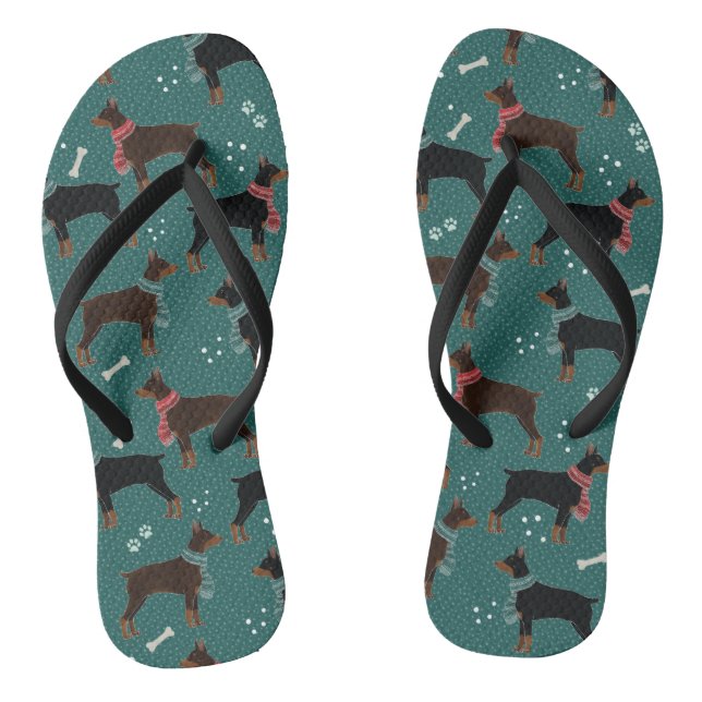 Red & Black Dobermans in Scarves Winter Pattern Jandals (Footbed)
