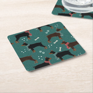 Red & Black Dobermans in Scarves Winter Pattern Square Paper Coaster