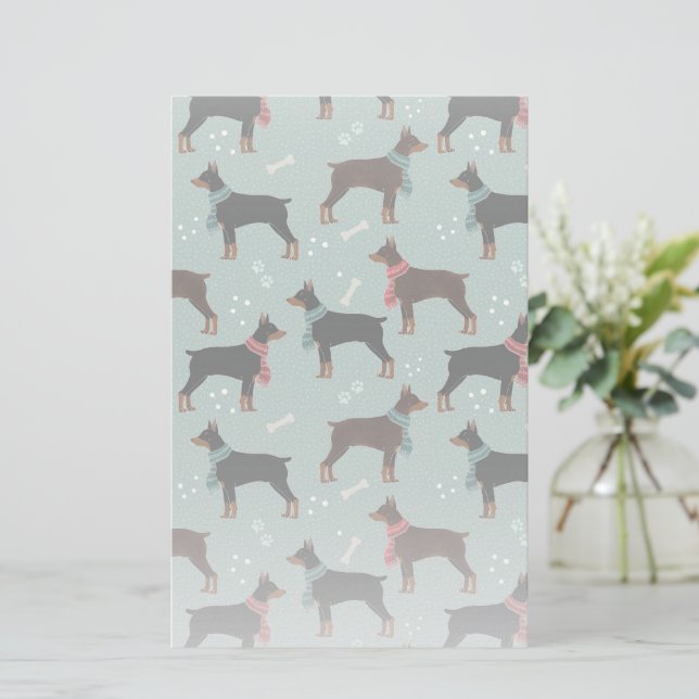 Red & Black Dobermans in Scarves Winter Pattern Stationery (Standing Front)