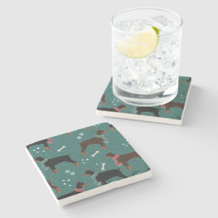 Red & Black Dobermans in Scarves Winter Pattern Stone Coaster