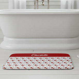 Red Black Doodle Hearts Retro Monogram Name Bath Mat