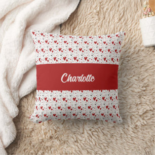 Red Black Doodle Hearts Retro Monogram Name Cushion