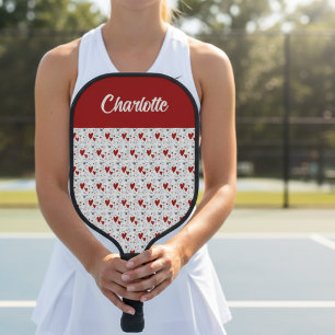 Red Black Doodle Hearts Retro Monogram Name Pickleball Paddle