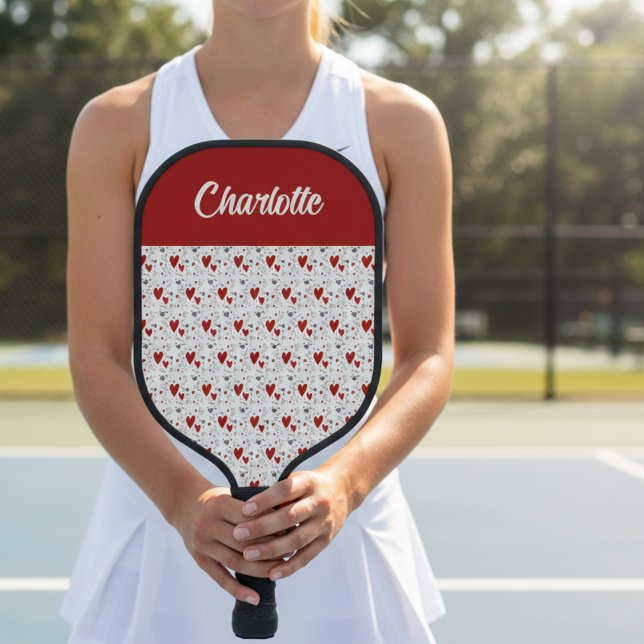 Red Black Doodle Hearts Retro Monogram Name Pickleball Paddle (cute red and black retro hearts pickleball paddle with name monogram)