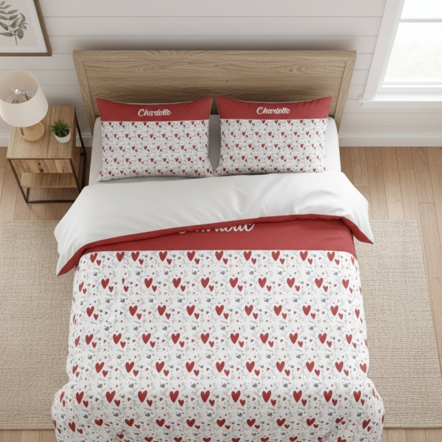 Red Black Doodle Hearts Retro Monogram Name Pillowcase (cute red and black retro hearts theme custom pillowcase with name monogram)