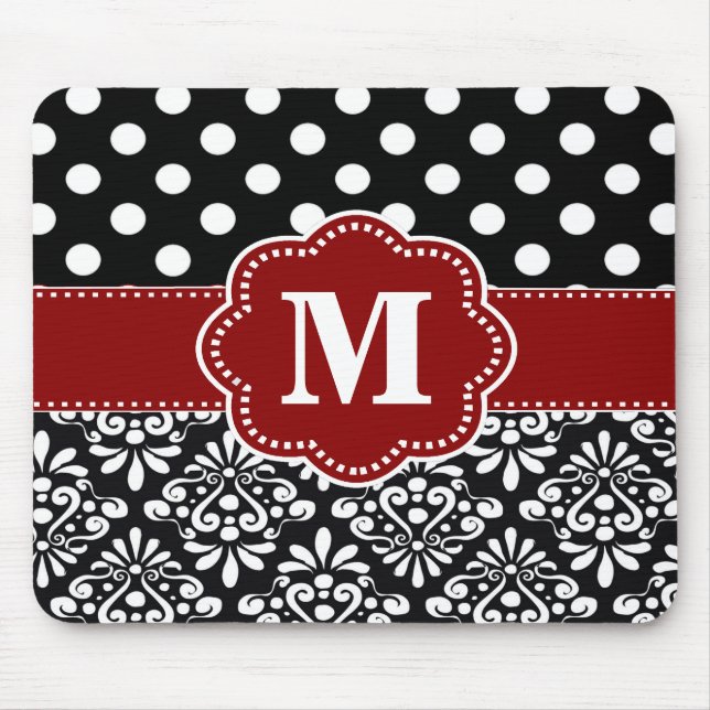 Red Black Dots Damask Monogram Mouse Pad. Pad (Front)