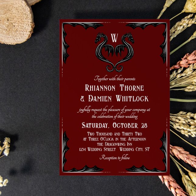Red Black Dragon Monogram Fantasy Wedding Invitation (Creator Uploaded)