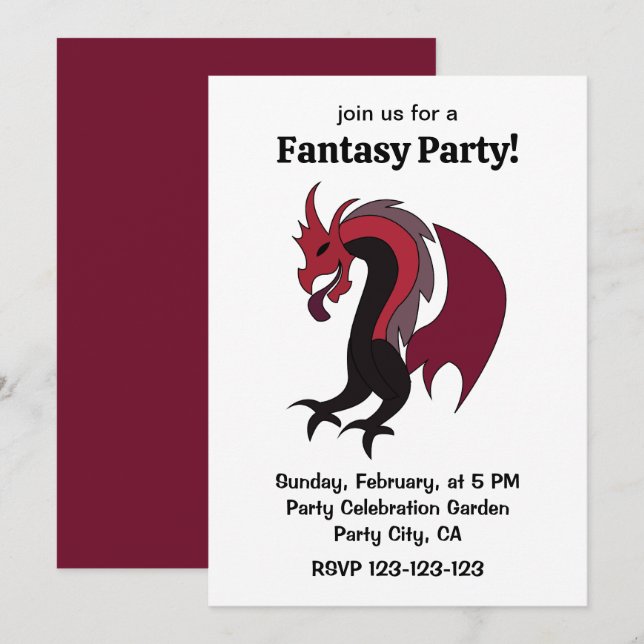 Red Black Dragon Mythical Creature Fantasy Party Invitation (Front/Back)