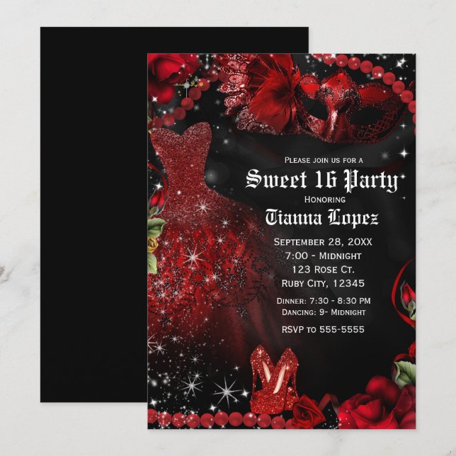 Red Black Dress Masquerade Sweet 16 Birthday Party Invitation (Front/Back)