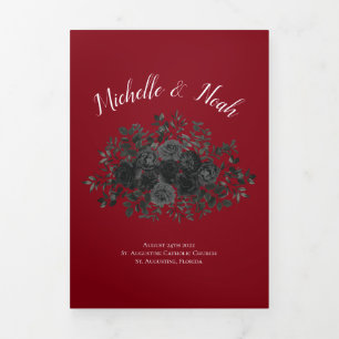 Red Black Elegant Rose Gothic Wedding Tri-Fold Programme