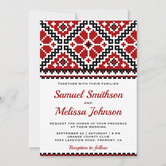 Red Black Embroidery Ukrainian Wedding Invitation (Front)