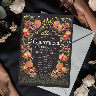 Red & Black Enchanted Garden Floral Quinceanera  Invitation