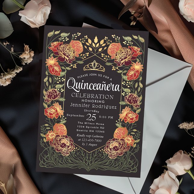 Red & Black Enchanted Garden Floral Quinceanera  Invitation (Creator Uploaded)