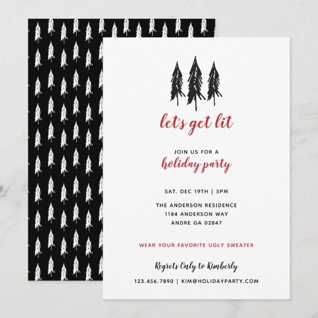 Red & Black Evergreen Tree Pattern Holiday Party Invitation (Front/Back)