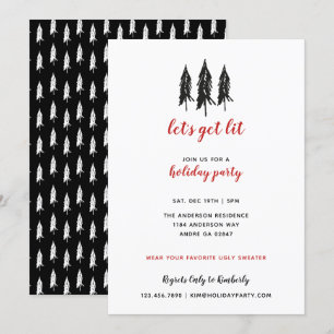 Red & Black Evergreen Tree Pattern Holiday Party Invitation