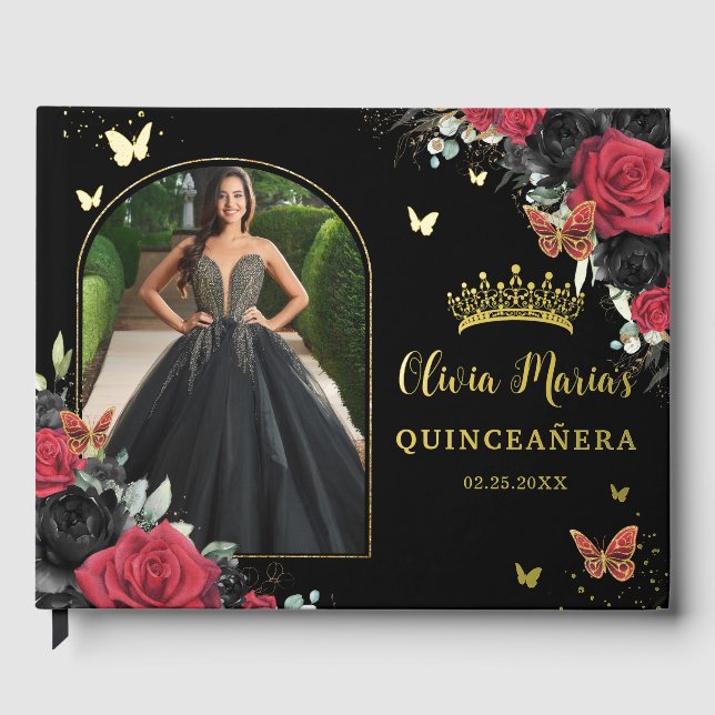 Red & Black Floral Butterflies Quinceañera Photo  Guest Book (Front)