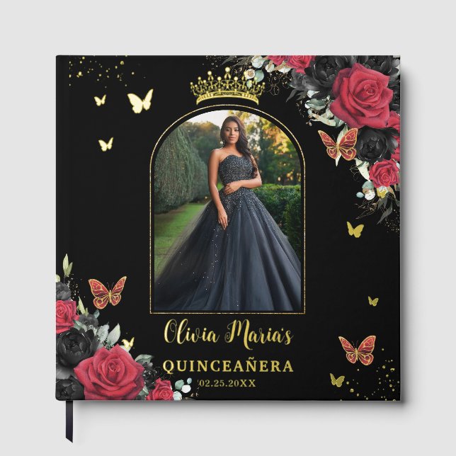 Red Black Floral Butterflies Quinceañera Picture Guest Book (Front)