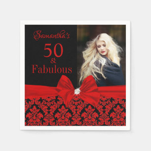 Red Black Floral Damask 50th Birthday Photo Napkin