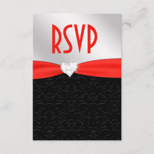 Red Black Floral Damask Diamond Heart RSVP Card