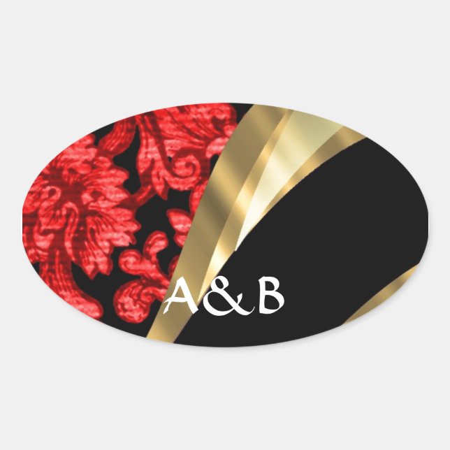 Red & black floral damask oval sticker (Front)