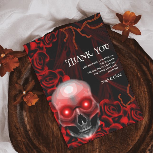 Red Black floral dark moody gothic skull Halloween Thank You Card (Creator Uploaded)