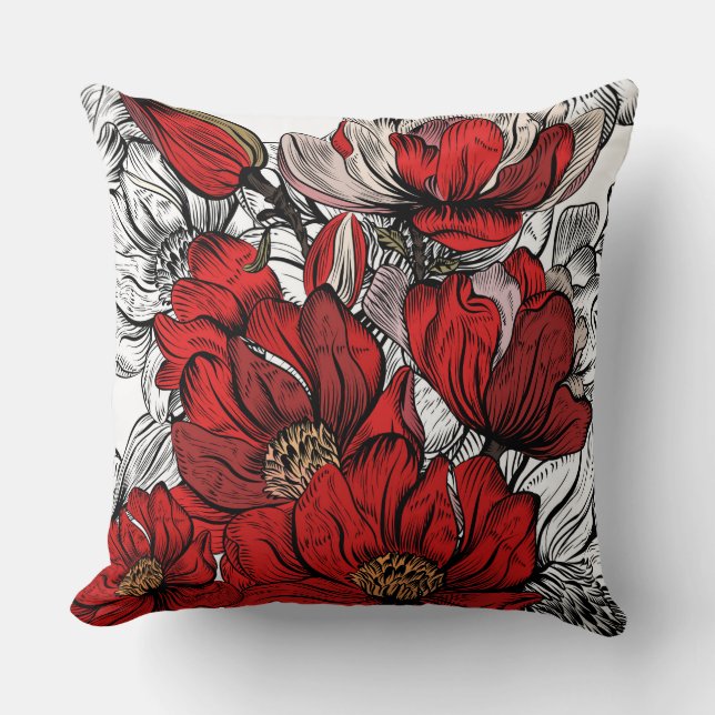 Red/Black Floral Decorative Pillow (Front)